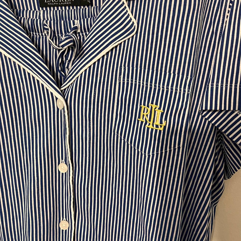 Lauren Ralph Lauren Pajama Set Womens XL Blue White Stripe Cotton Quiet Luxury - Picture 3 of 8